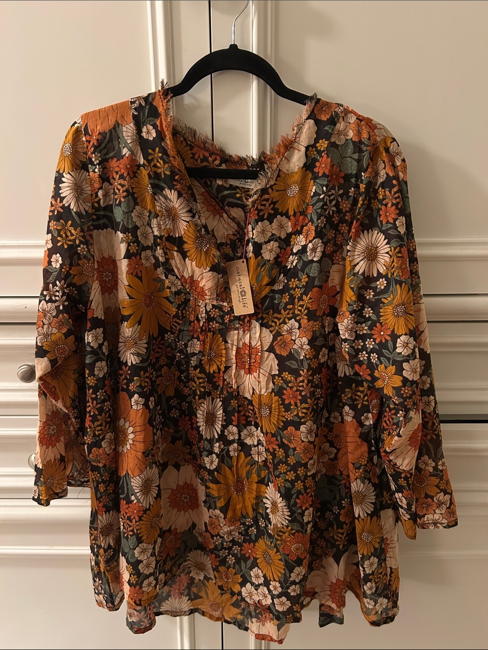 NWT NATURAL LIFE Black Button-Down Shirt with Yellow & Cream Floral Print